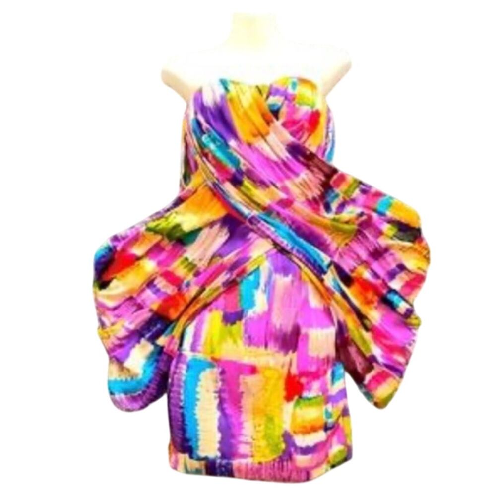 Ali Ro abstract watercolor strapless drape silk mini cocktail party dress size 4